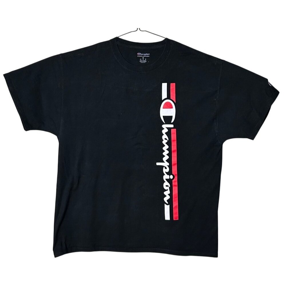 Champion Black T-Shirt Vertical Red Logo XL Authentic Athleticwear 100% Cotton
